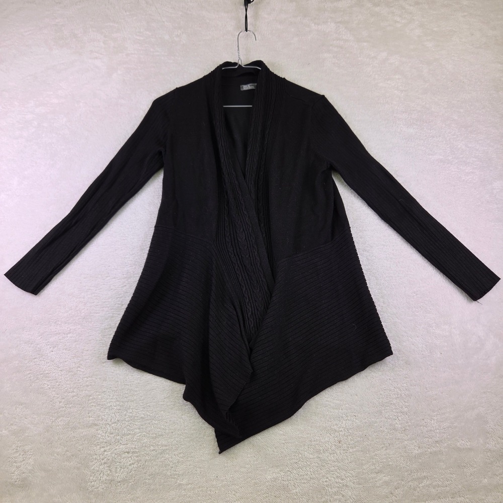 Blk Cable Knit Open Front Cardigan Draped Asymmetrical Hem Shawl Collar Sweater
